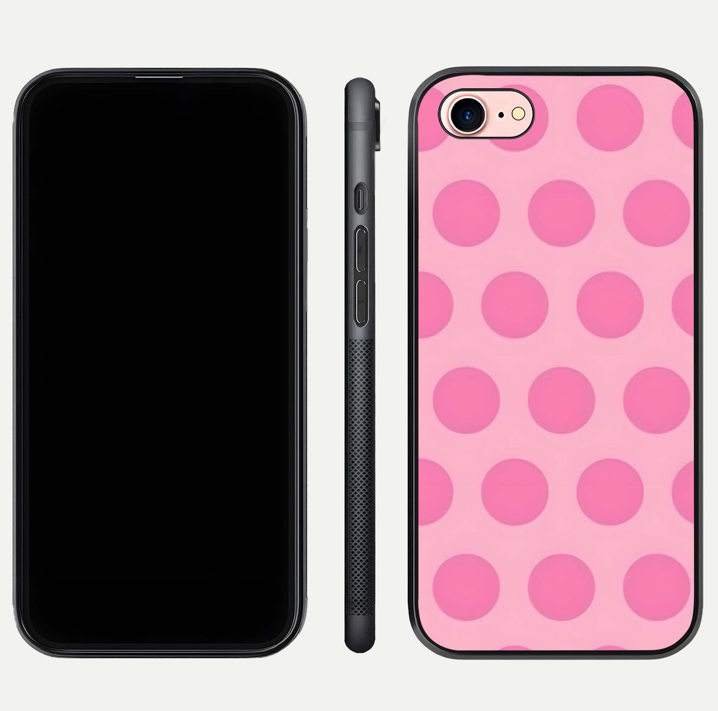 Sweet Dot Dreams iPhone 7 glass phone case front and side layout view displaying slim build and full dot design