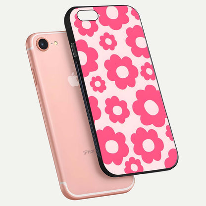 Blush Flower Pop iPhone 7 glass phone case floating view emphasizing premium build and vibrant flower artwork