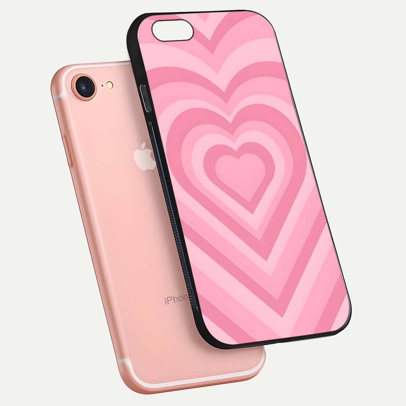Blush Heart Waves iPhone 7 glass phone case floating view emphasizing glossy finish and layered heart design