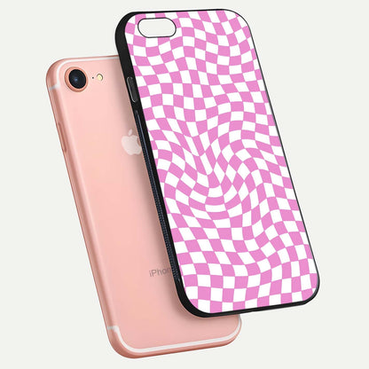 Bubblegum Check Wave iPhone 7 glass phone case floating view emphasizing premium glass finish and vibrant design