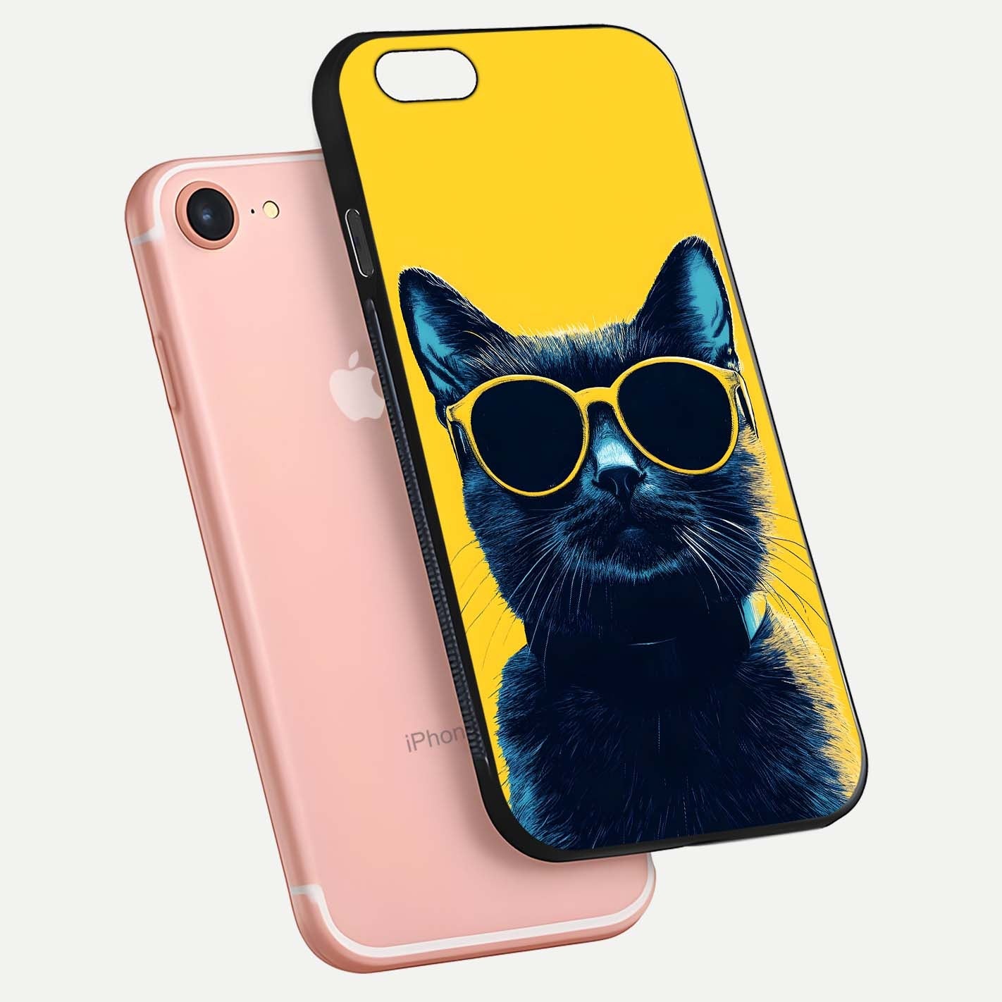Cool Cat Vibes iPhone 7 glass phone case floating view emphasizing glossy finish and fun cat vibe