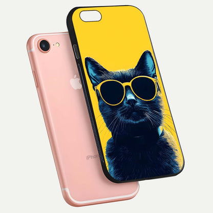 Cool Cat Vibes iPhone 7 glass phone case floating view emphasizing glossy finish and fun cat vibe