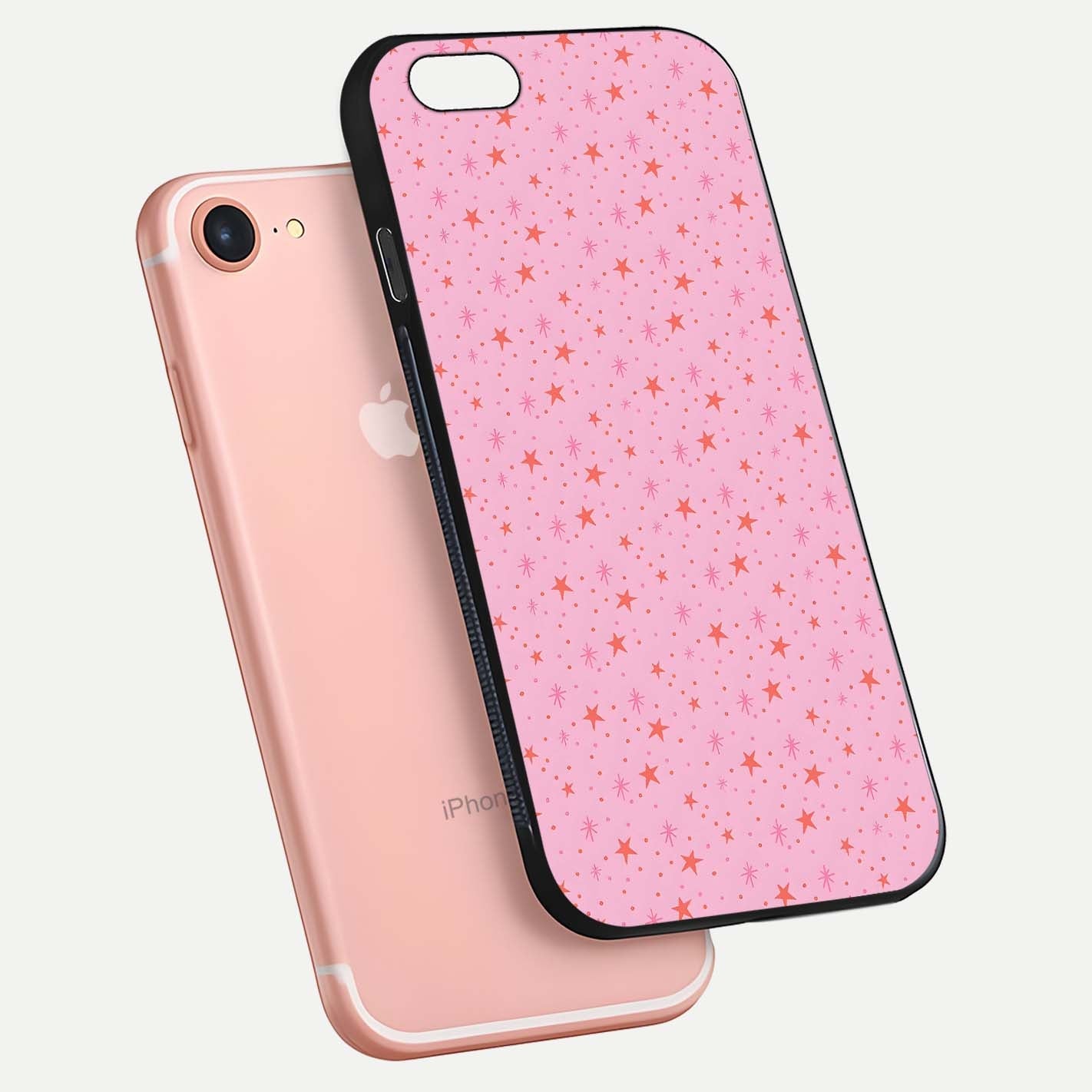 Cosmic Pink Sparkle iPhone 7 glass phone case floating view emphasizing premium glass surface and glittering details