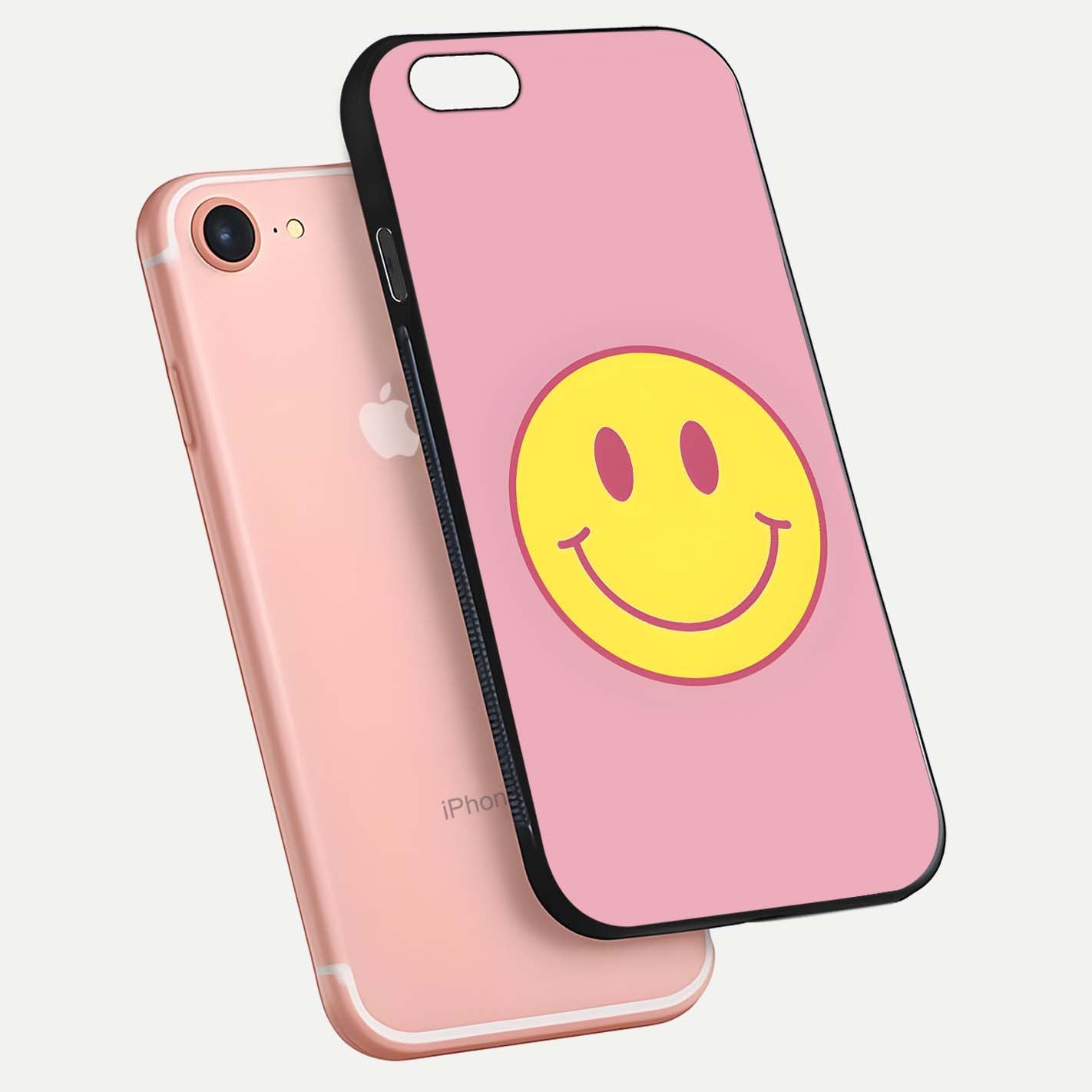 Happy Pink Mood iPhone 7 glass phone case floating view emphasizing glossy finish and joyful color palette