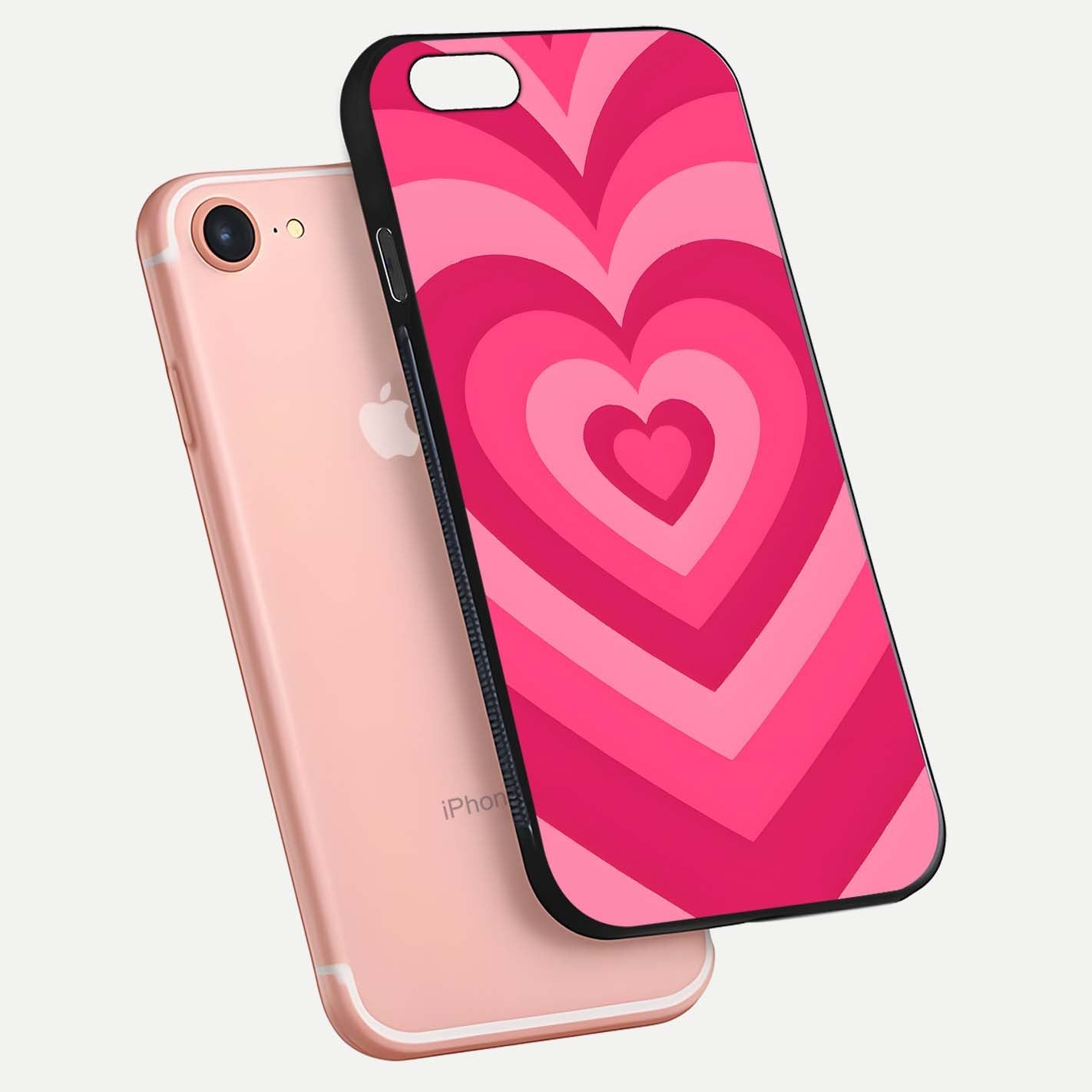 Layered Love Hearts iPhone 7 glass phone case floating view emphasizing glossy surface and layered heart details