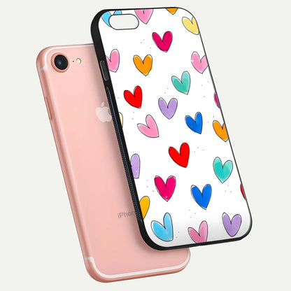 Playful Love Doodles iPhone 7 glass phone case floating view emphasizing glossy finish and playful design