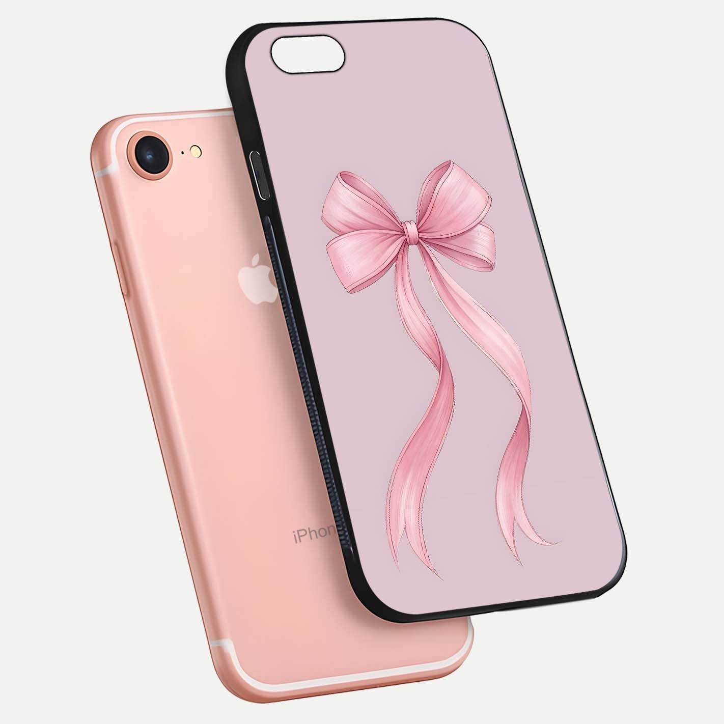 Soft Blush Bow iPhone 7 glass phone case floating view emphasizing glossy surface and soft feminine styling