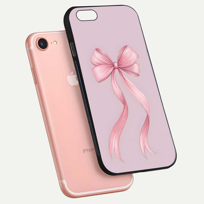 Soft Blush Bow iPhone 7 glass phone case floating view emphasizing glossy surface and soft feminine styling