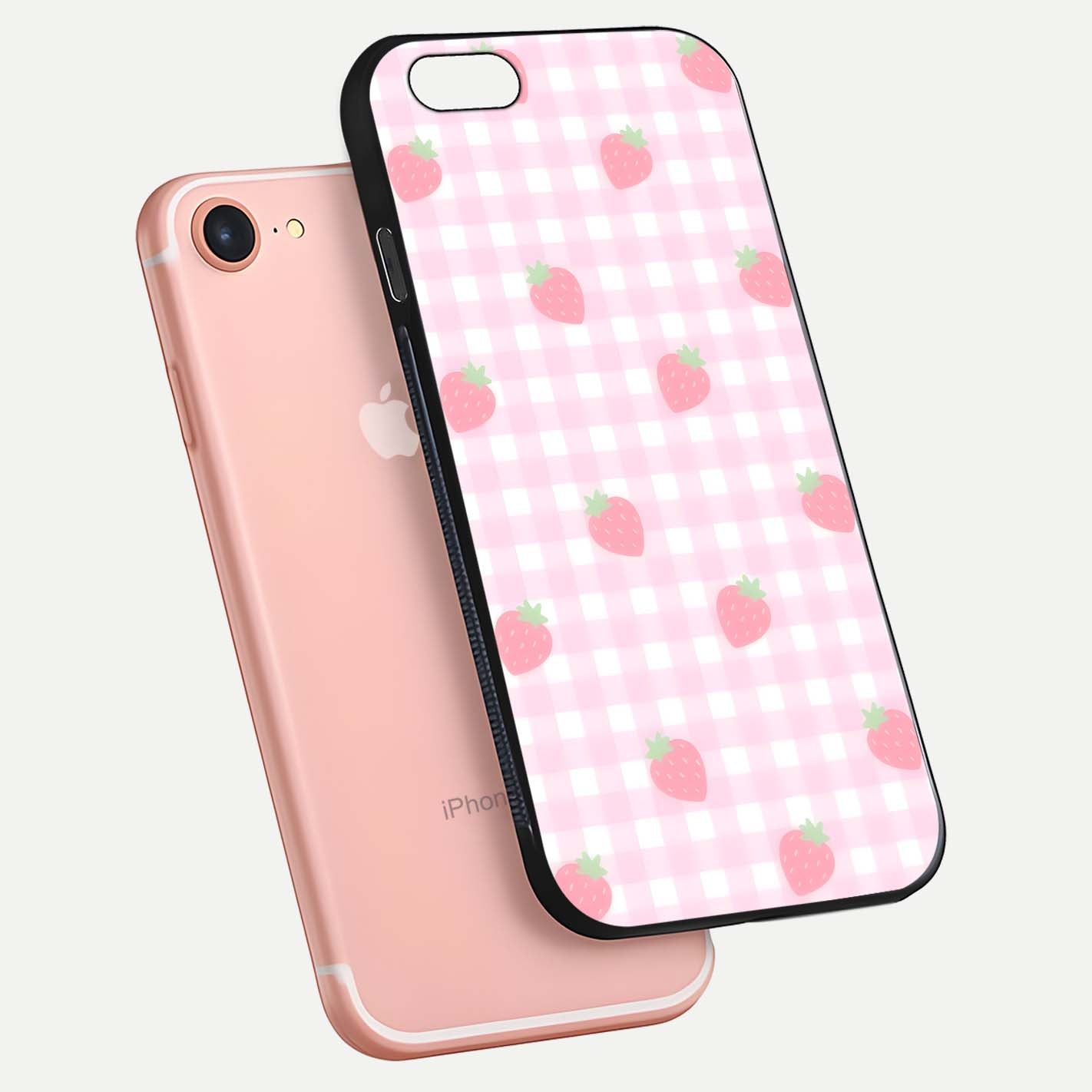 Strawberry Picnic Love iPhone 7 glass phone case floating view emphasizing glossy finish and playful charm