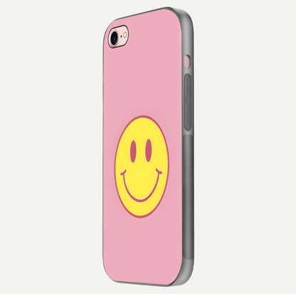 Happy Pink Mood iPhone 7 glass phone case side profile view focusing on smooth frame and clean wrap