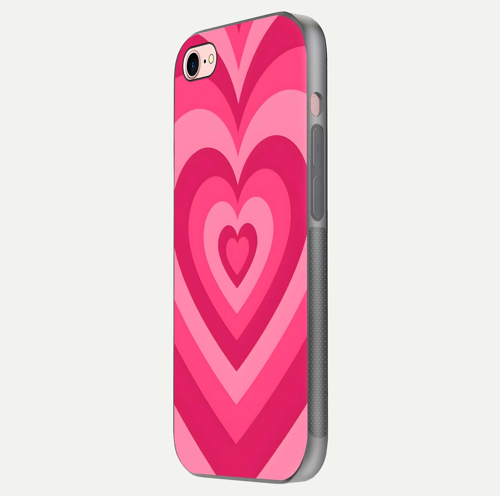 Layered Love Hearts iPhone 7 glass phone case side profile view focusing on sleek edges and seamless wrap
