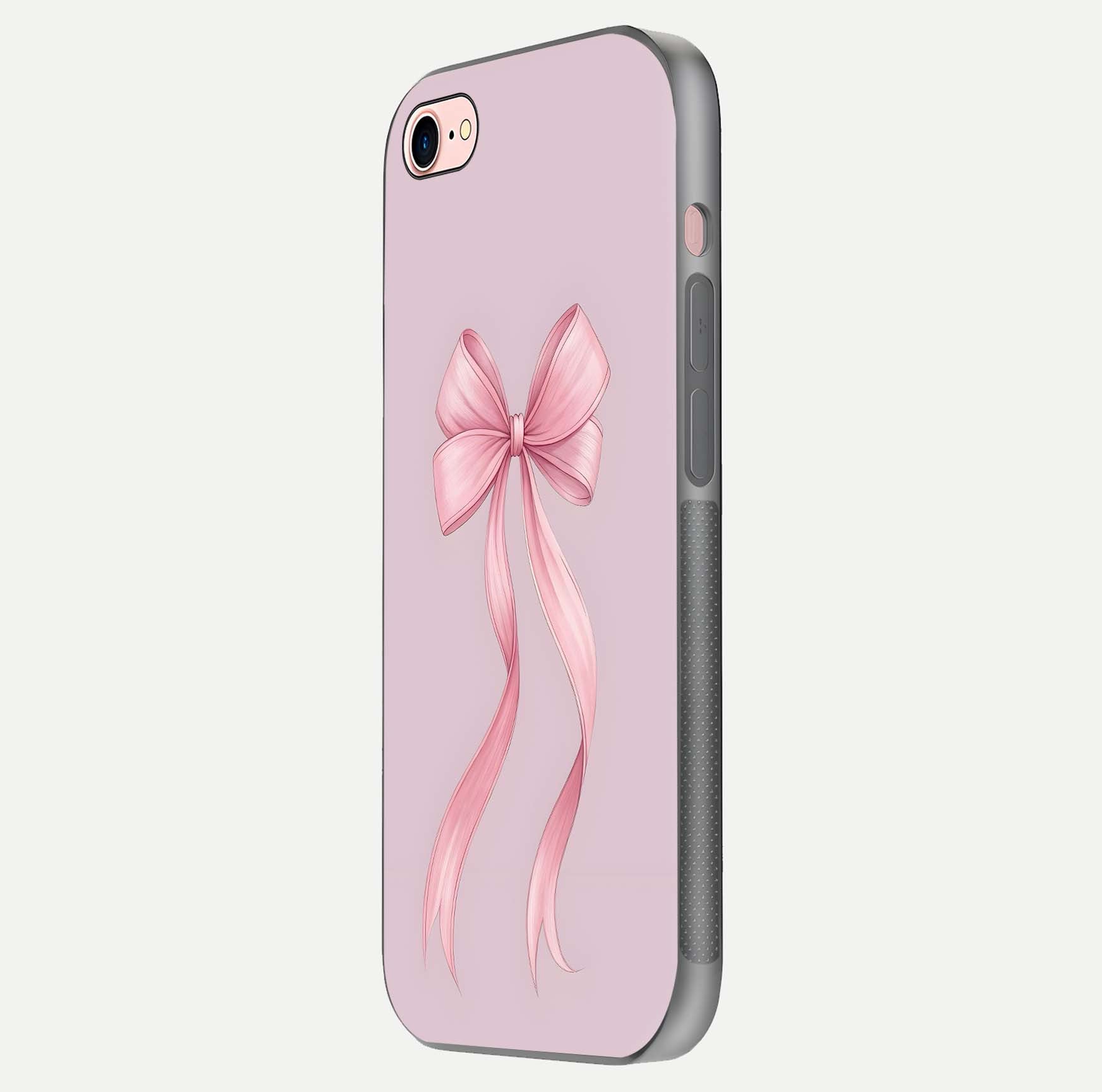 Soft Blush Bow iPhone 7 glass phone case side profile view focusing on sleek edges and seamless wrap