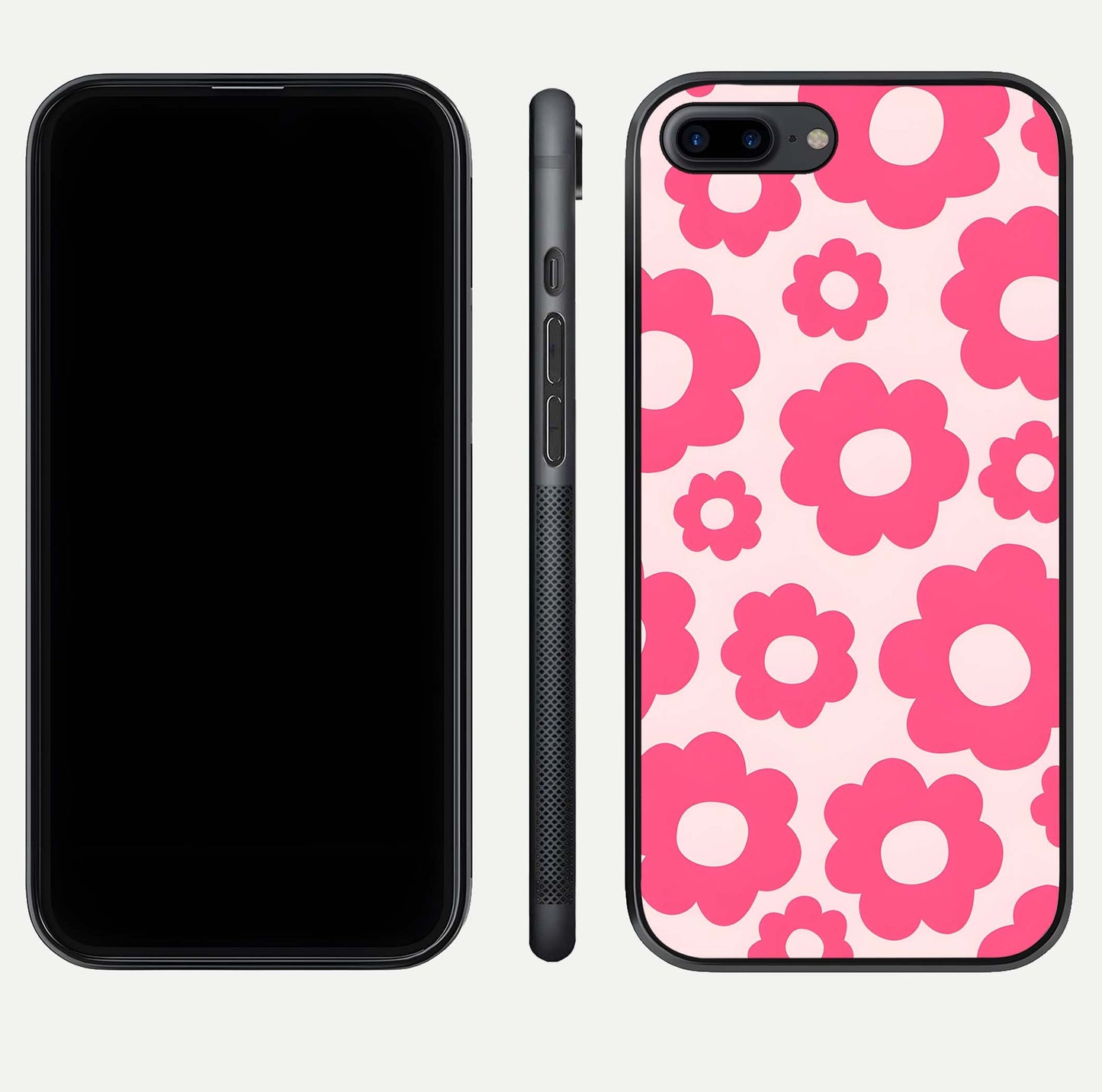 Blush Flower Pop iPhone 7 Plus glass phone case front and side layout view showing slim profile and full floral coverage