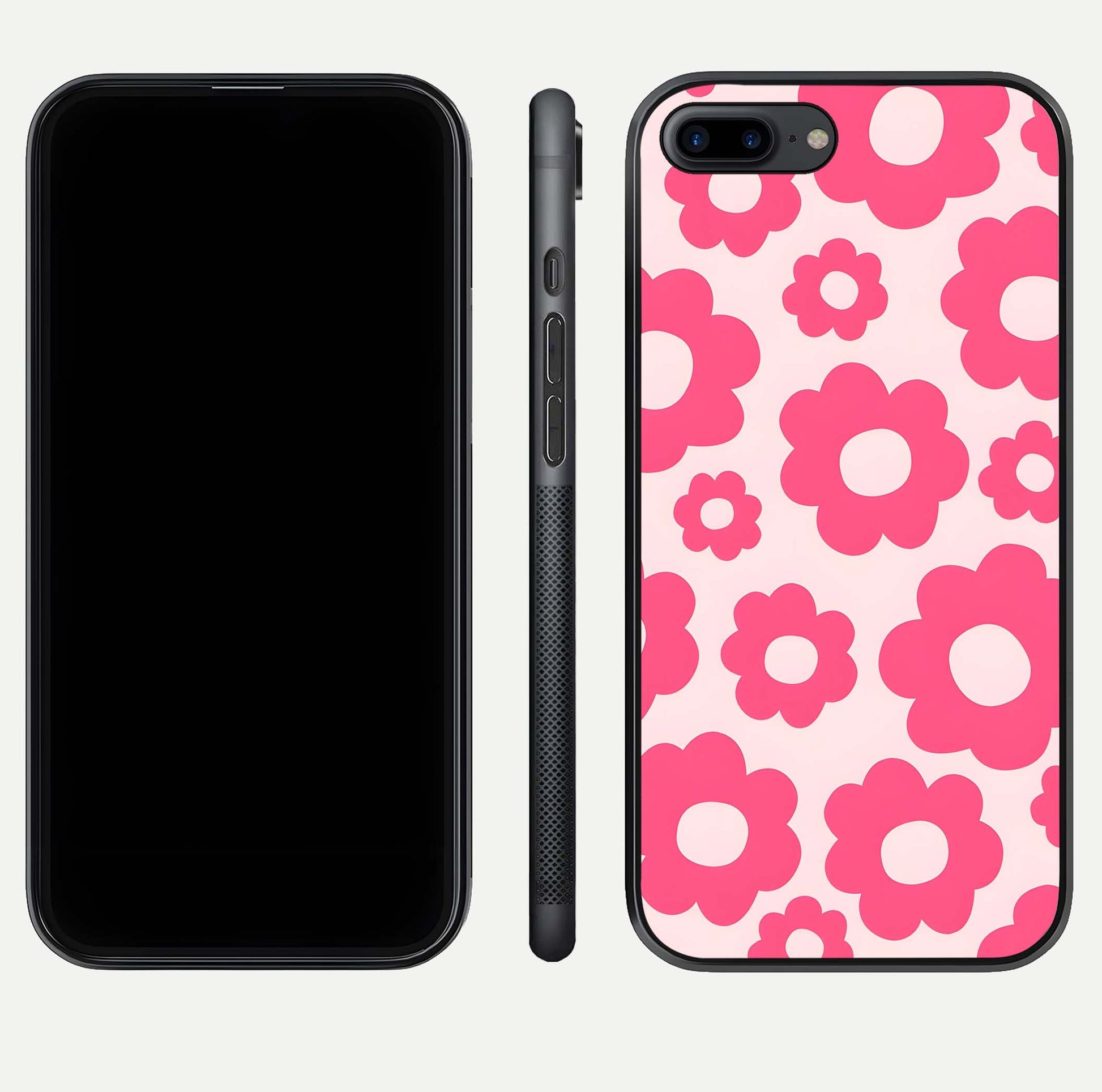 Blush Flower Pop iPhone 7 Plus glass phone case front and side layout view showing slim profile and full floral coverage