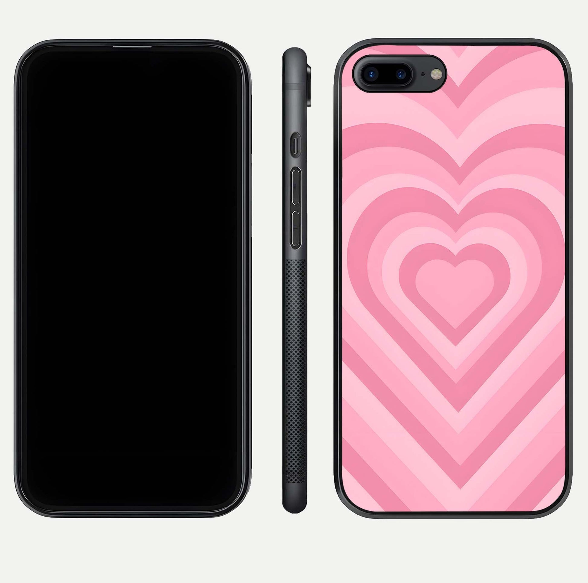 Blush Heart Waves iPhone 7 Plus glass phone case front and side layout view displaying slim frame and full heart pattern
