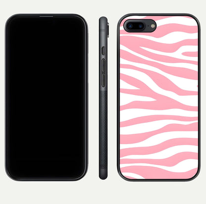 Blush Zebra Flow iPhone 7 Plus glass phone case front and side layout view showing slim build and flowing pattern coverage