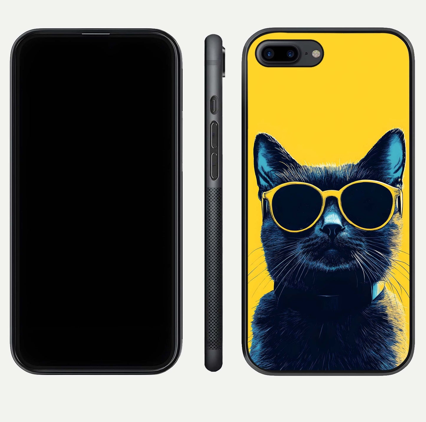Cool Cat Vibes iPhone 7 Plus glass phone case front and side layout view showing slim frame and full design coverage