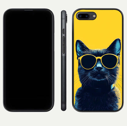 Cool Cat Vibes iPhone 7 Plus glass phone case front and side layout view showing slim frame and full design coverage