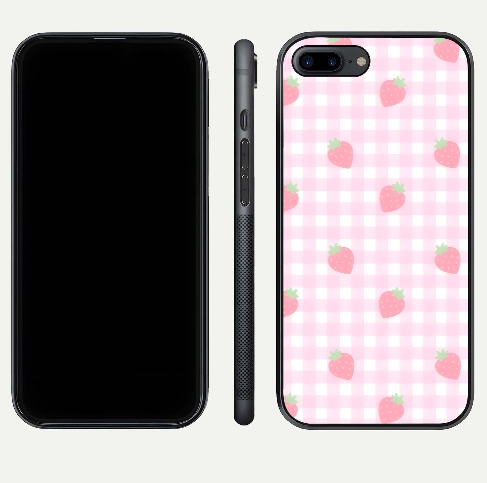 Strawberry Picnic Love iPhone 7 Plus glass phone case front and side layout view showing slim profile and full picnic design