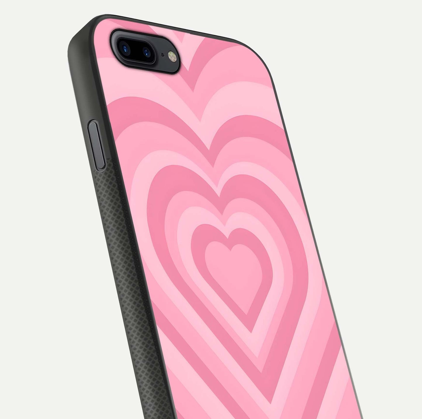 Blush Heart Waves iPhone 7 Plus glass phone case angled back view highlighting romantic heart wave artwork and grip texture