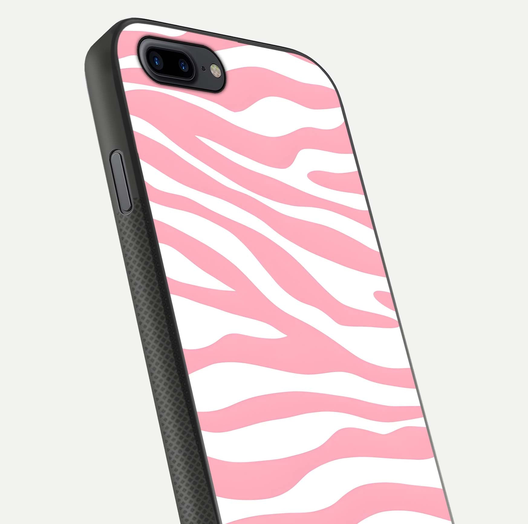 Blush Zebra Flow iPhone 7 Plus glass phone case angled back view highlighting bold zebra artwork and textured side grip