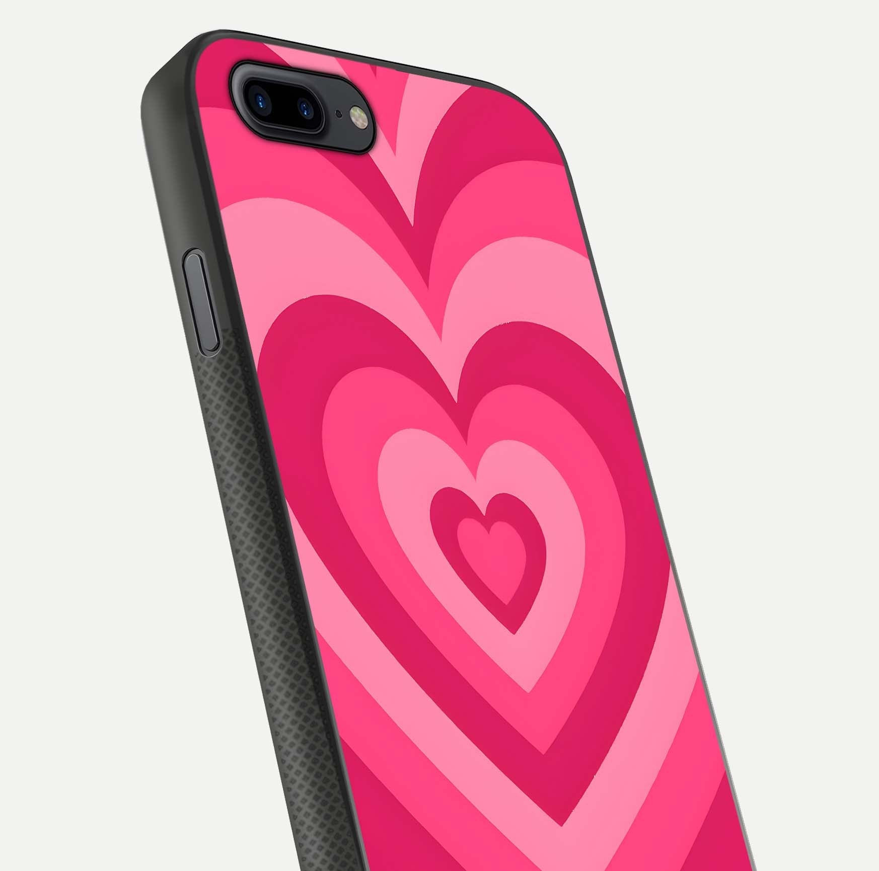 Layered Love Hearts iPhone 7 Plus glass phone case angled back view highlighting heart artwork and textured grip edges