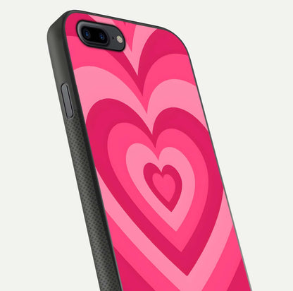Layered Love Hearts iPhone 7 Plus glass phone case angled back view highlighting heart artwork and textured grip edges