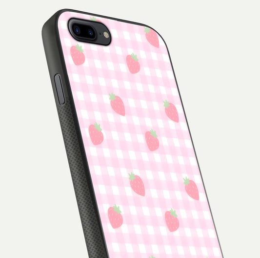 Strawberry Picnic Love iPhone 7 Plus glass phone case angled back view highlighting strawberry illustrations and textured grip