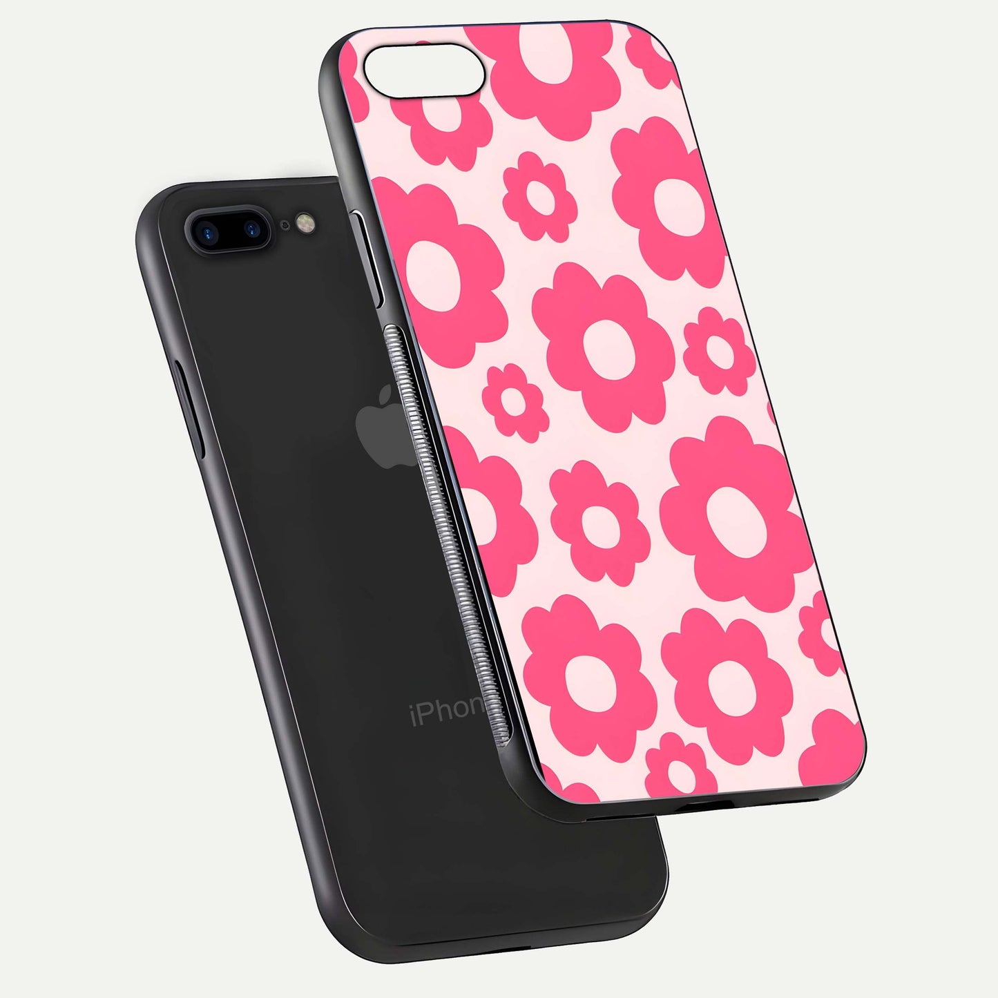 Blush Flower Pop iPhone 7 Plus glass phone case floating view emphasizing premium build and vibrant flower artwork