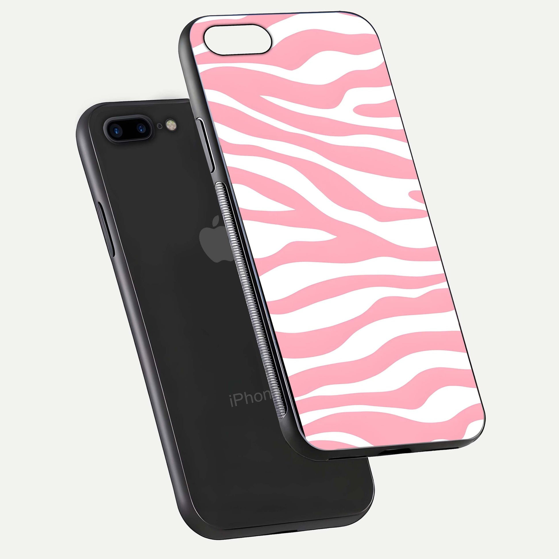 Blush Zebra Flow iPhone 7 Plus glass phone case floating view emphasizing premium glossy surface and dynamic design