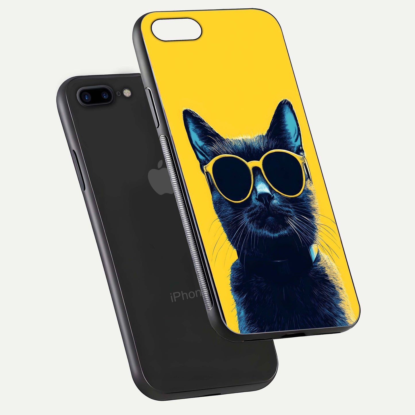 Cool Cat Vibes iPhone 7 Plus glass phone case floating view emphasizing glossy finish and fun cat vibe