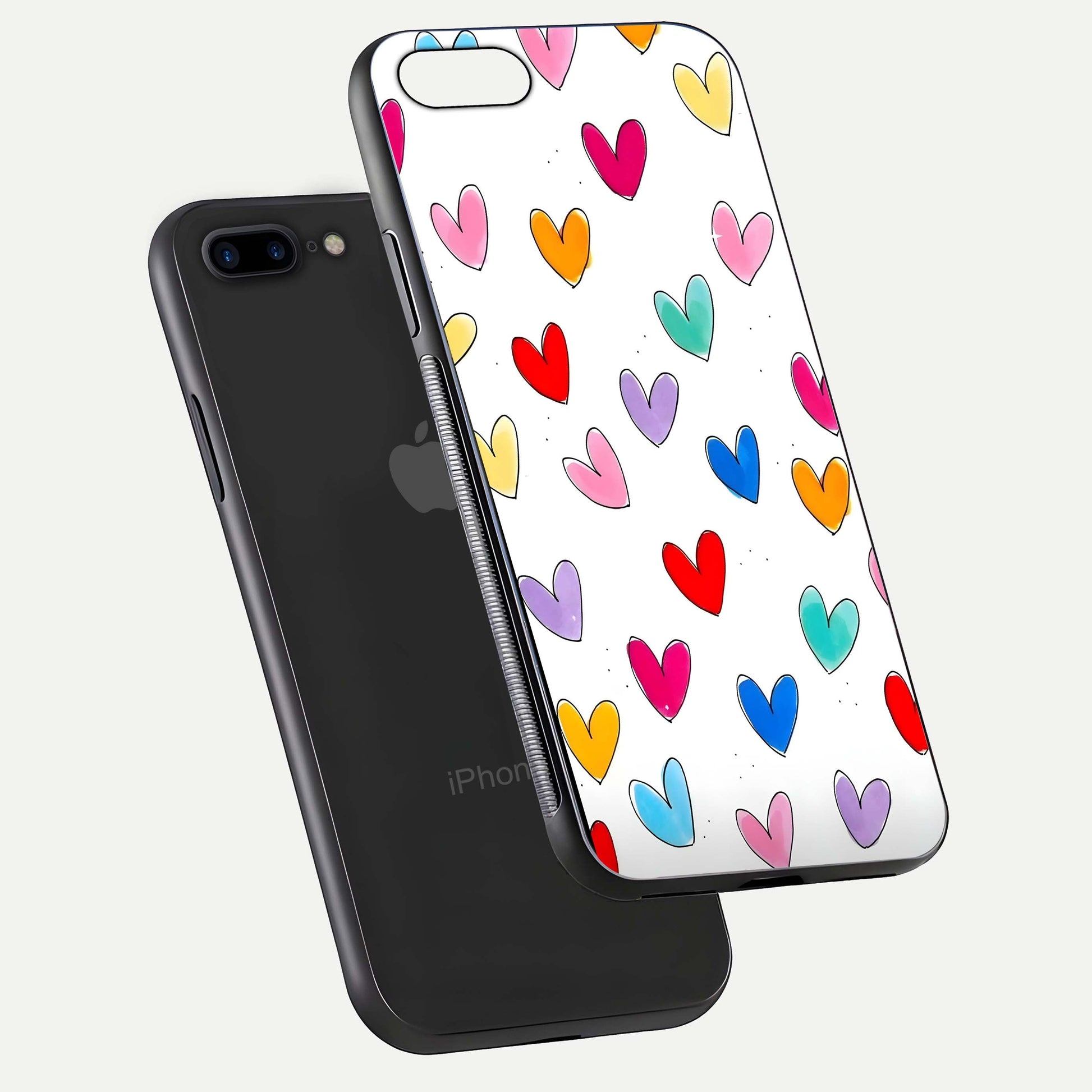 Playful Love Doodles iPhone 7 Plus glass phone case floating view emphasizing glossy finish and playful design