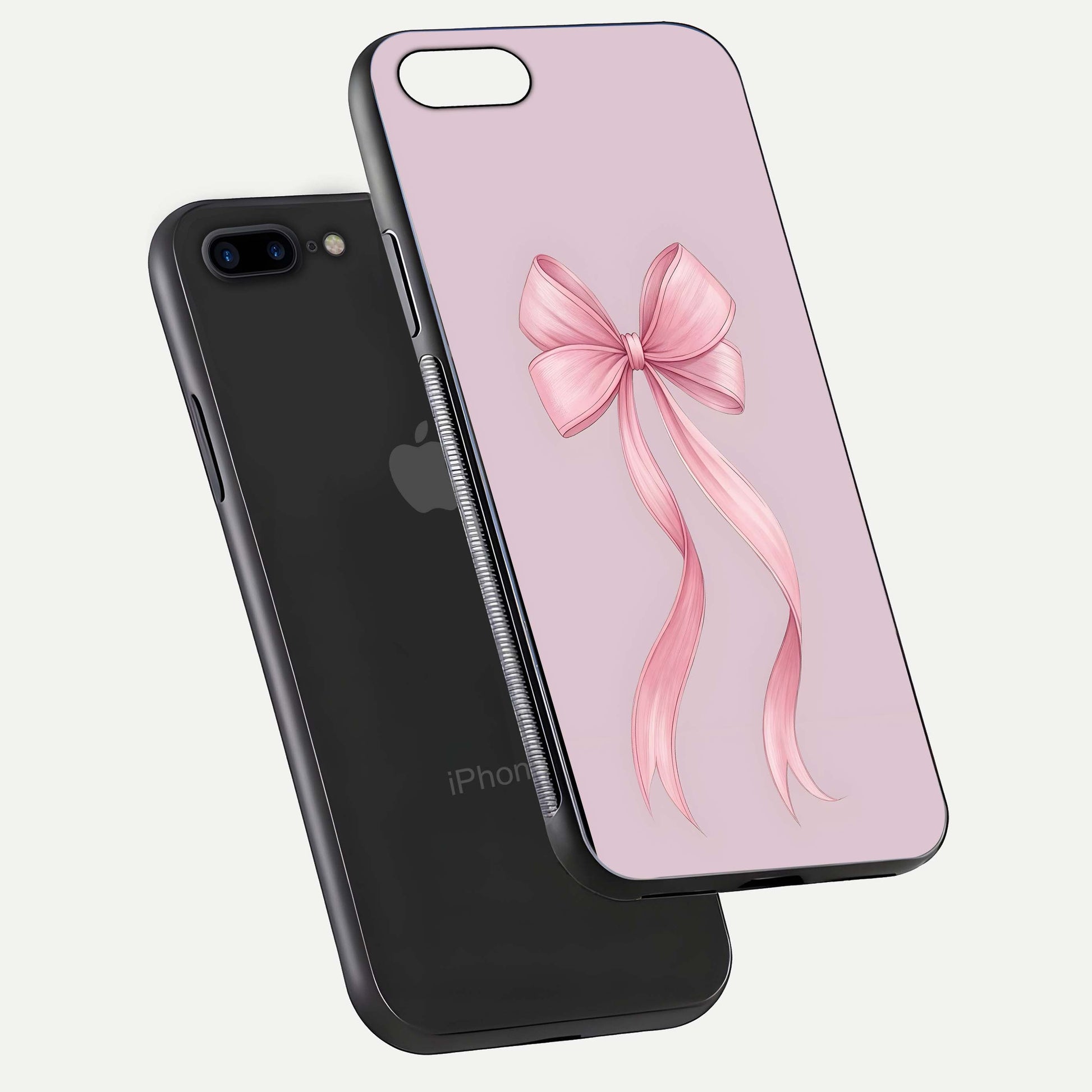 Soft Blush Bow iPhone 7 Plus glass phone case floating view emphasizing glossy surface and soft feminine styling