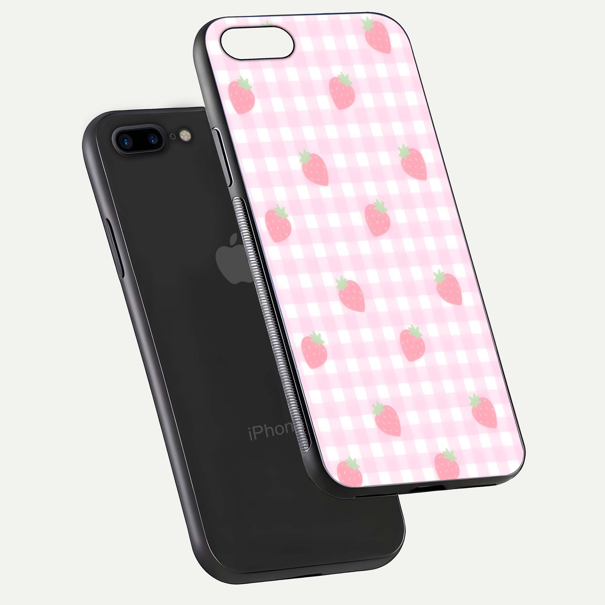 Strawberry Picnic Love iPhone 7 Plus glass phone case floating view emphasizing glossy finish and playful charm
