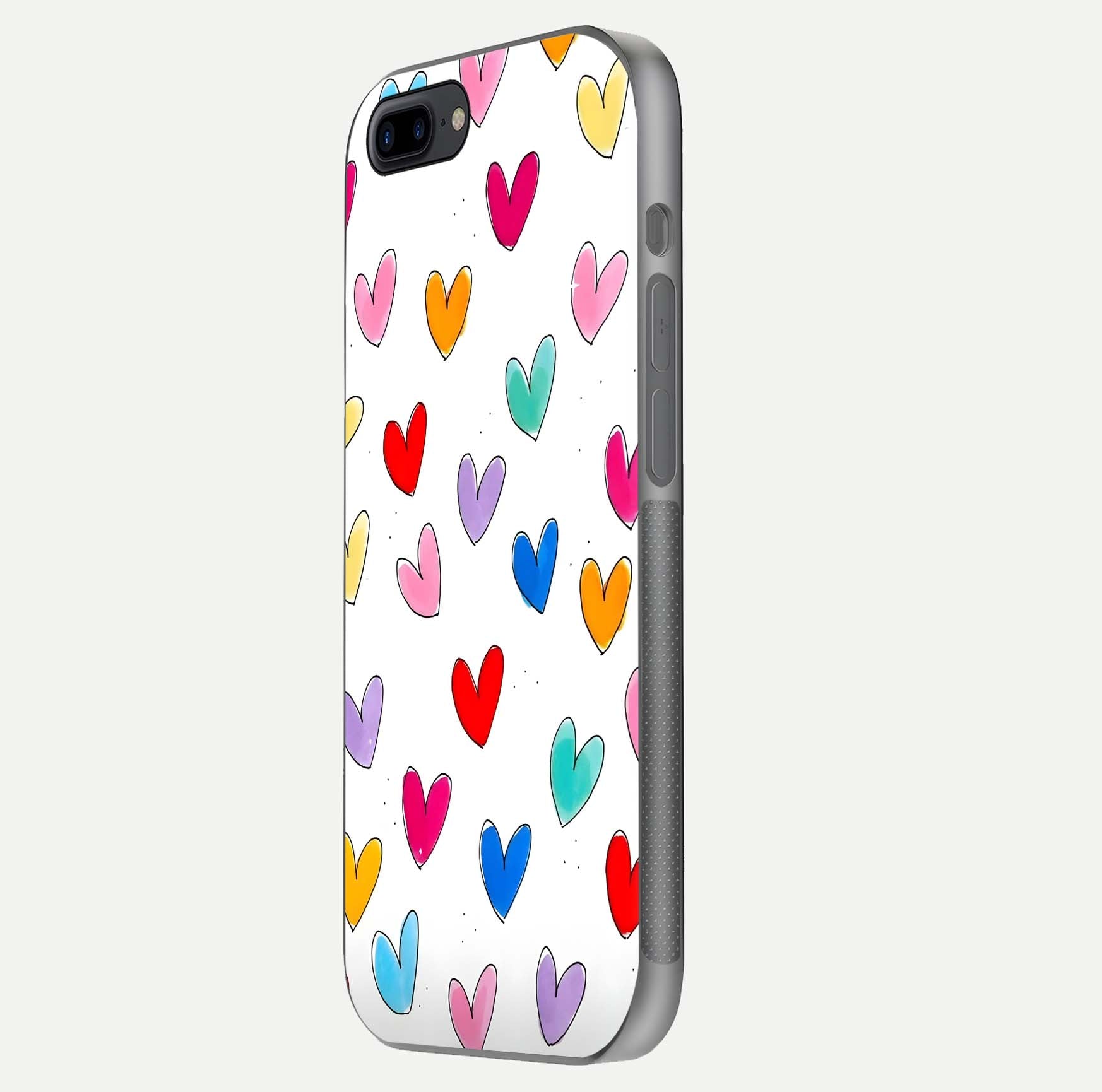 Playful Love Doodles iPhone 7 Plus glass phone case side profile view focusing on smooth frame and seamless wrap