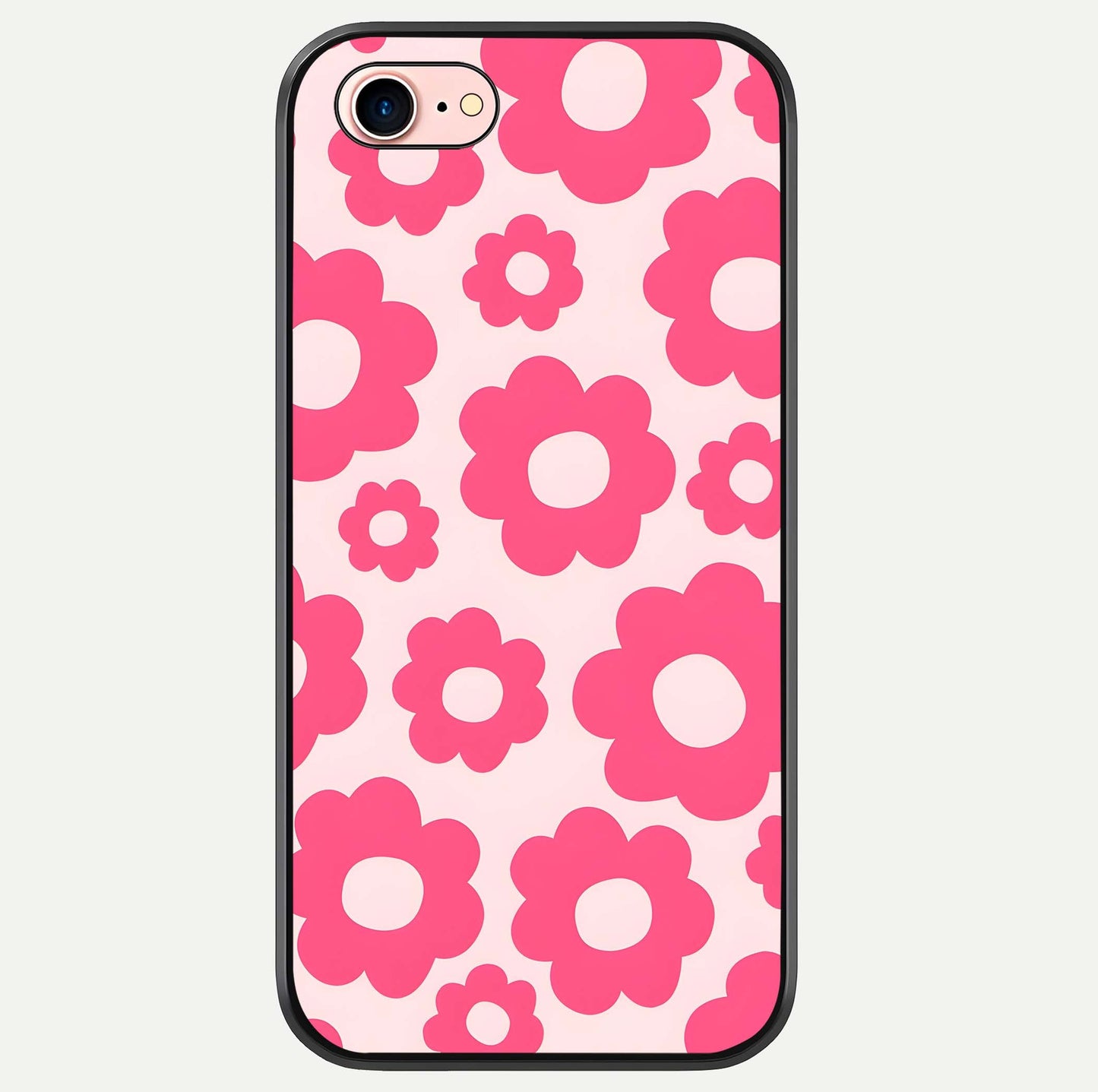 Blush Flower Pop iPhone 8 glass phone case front view featuring playful blush floral artwork with glossy finish