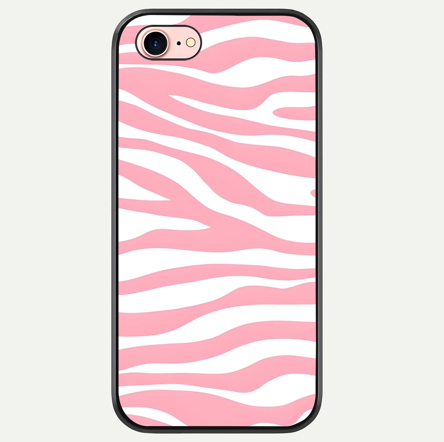 Blush Zebra Flow iPhone 8 glass phone case front view featuring modern zebra flow pattern in blush tones