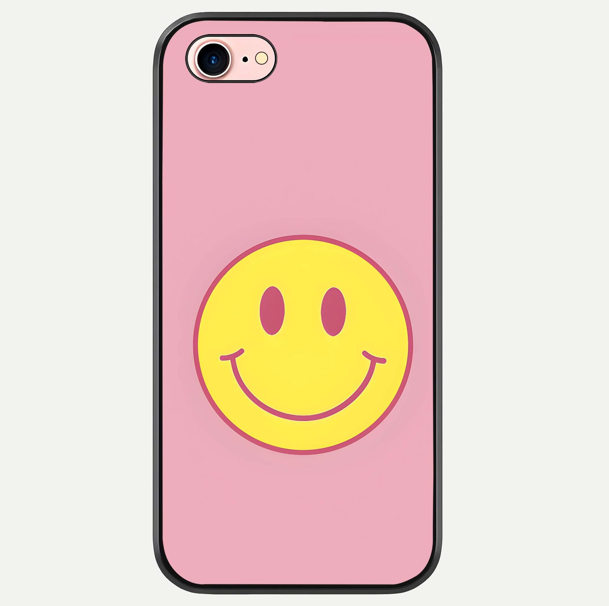 Happy Pink Mood iPhone 8 glass phone case front view featuring cheerful pink tones and playful aesthetic design