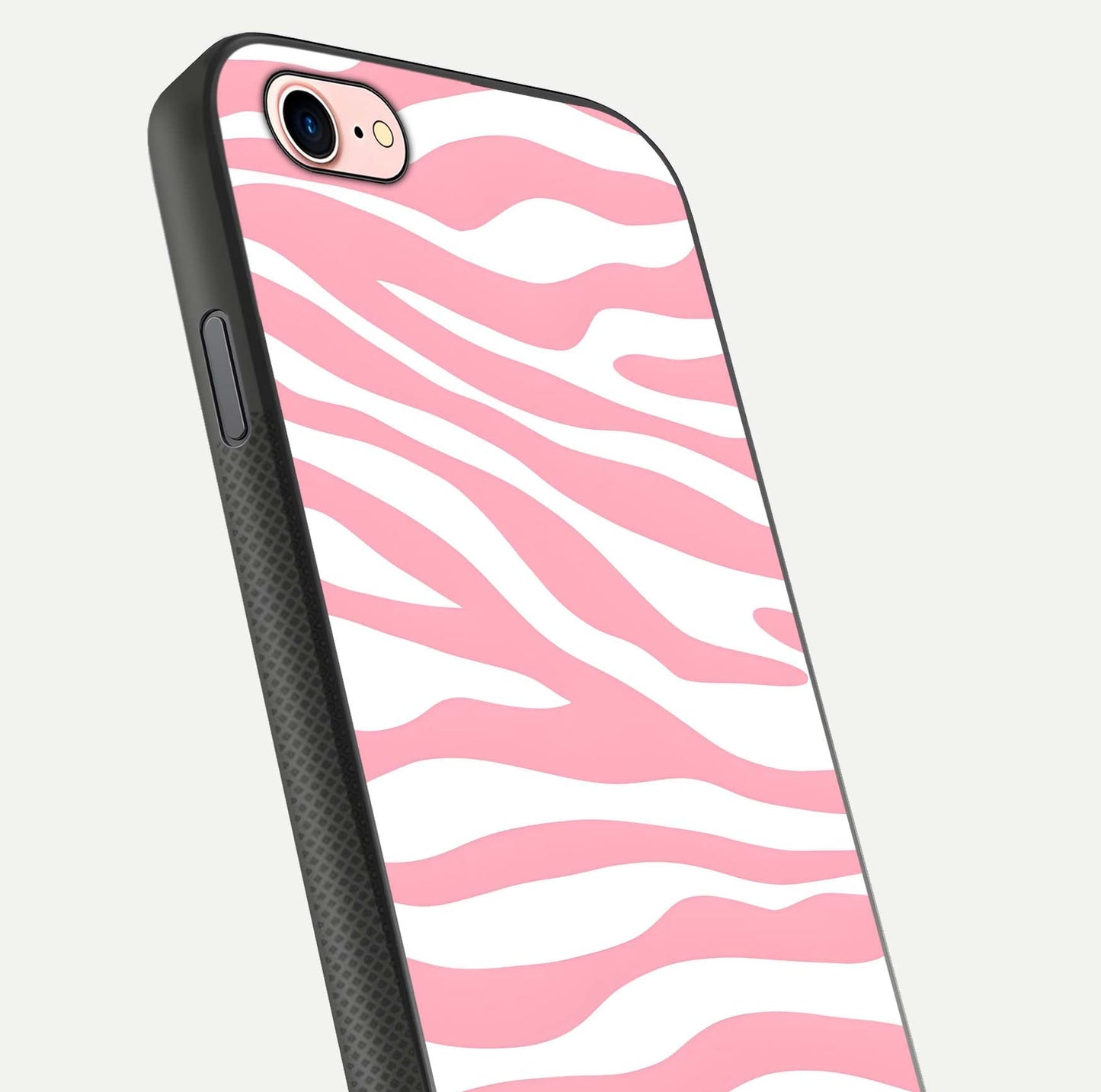 Blush Zebra Flow iPhone 8 glass phone case angled back view highlighting bold zebra artwork and textured side grip