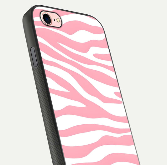 Blush Zebra Flow iPhone 8 glass phone case angled back view highlighting bold zebra artwork and textured side grip