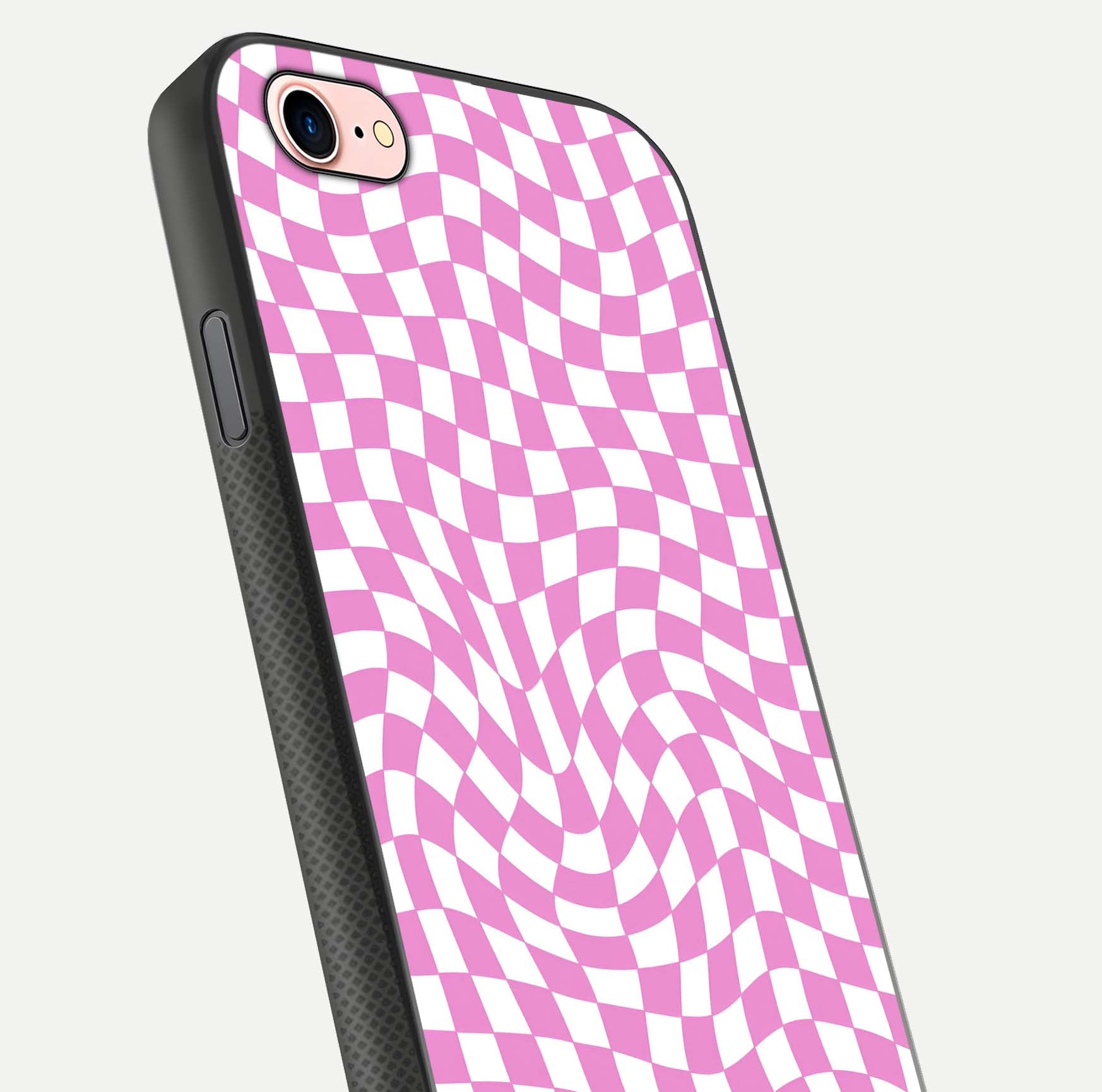 Bubblegum Check Wave iPhone 8 glass phone case angled back view highlighting check wave artwork and side grip texture