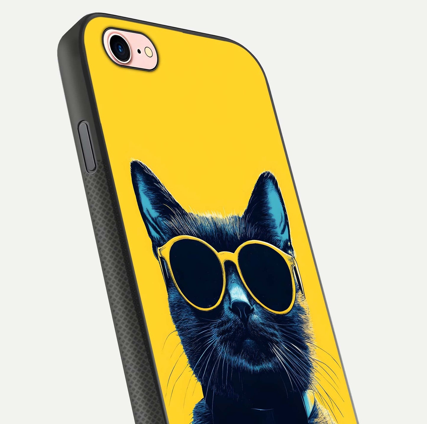 Cool Cat Vibes iPhone 8 glass phone case angled back view highlighting cat artwork and textured side grip