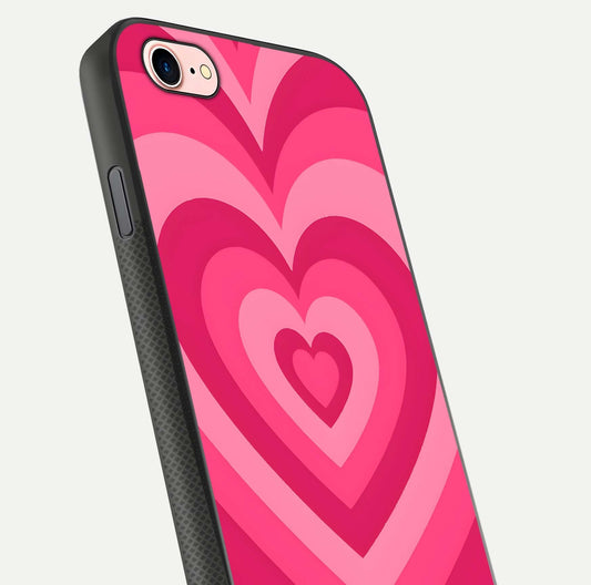 Layered Love Hearts iPhone 8 glass phone case angled back view highlighting heart artwork and textured grip edges