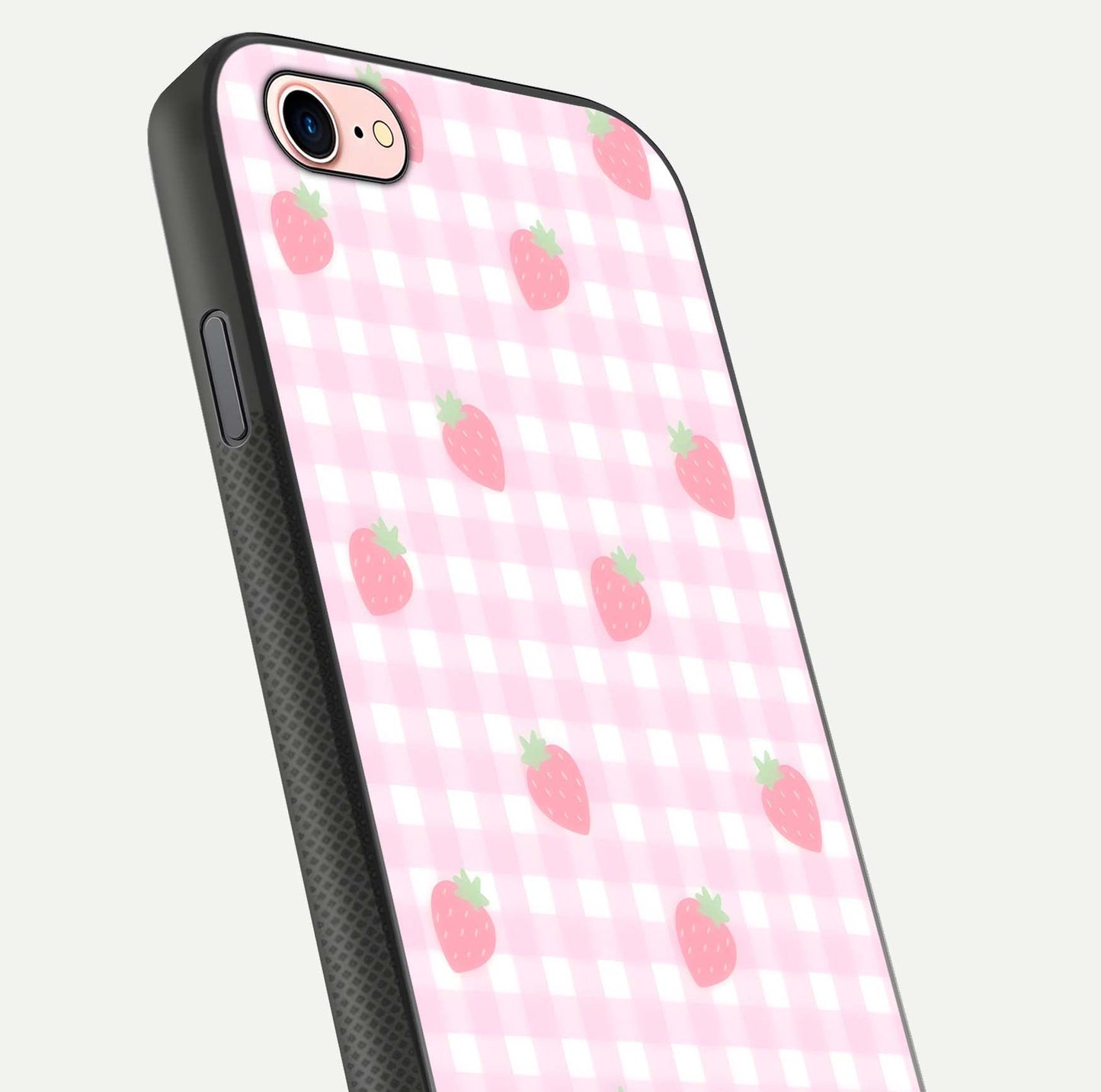 Strawberry Picnic Love iPhone 8 glass phone case angled back view highlighting strawberry illustrations and textured grip