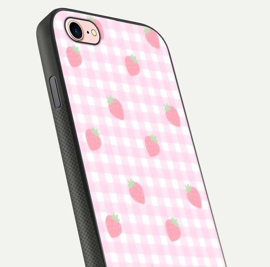 Strawberry Picnic Love iPhone 8 glass phone case angled back view highlighting strawberry illustrations and textured grip