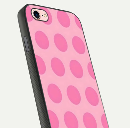 Sweet Dot Dreams iPhone 8 glass phone case angled back view highlighting dotted artwork and side grip texture