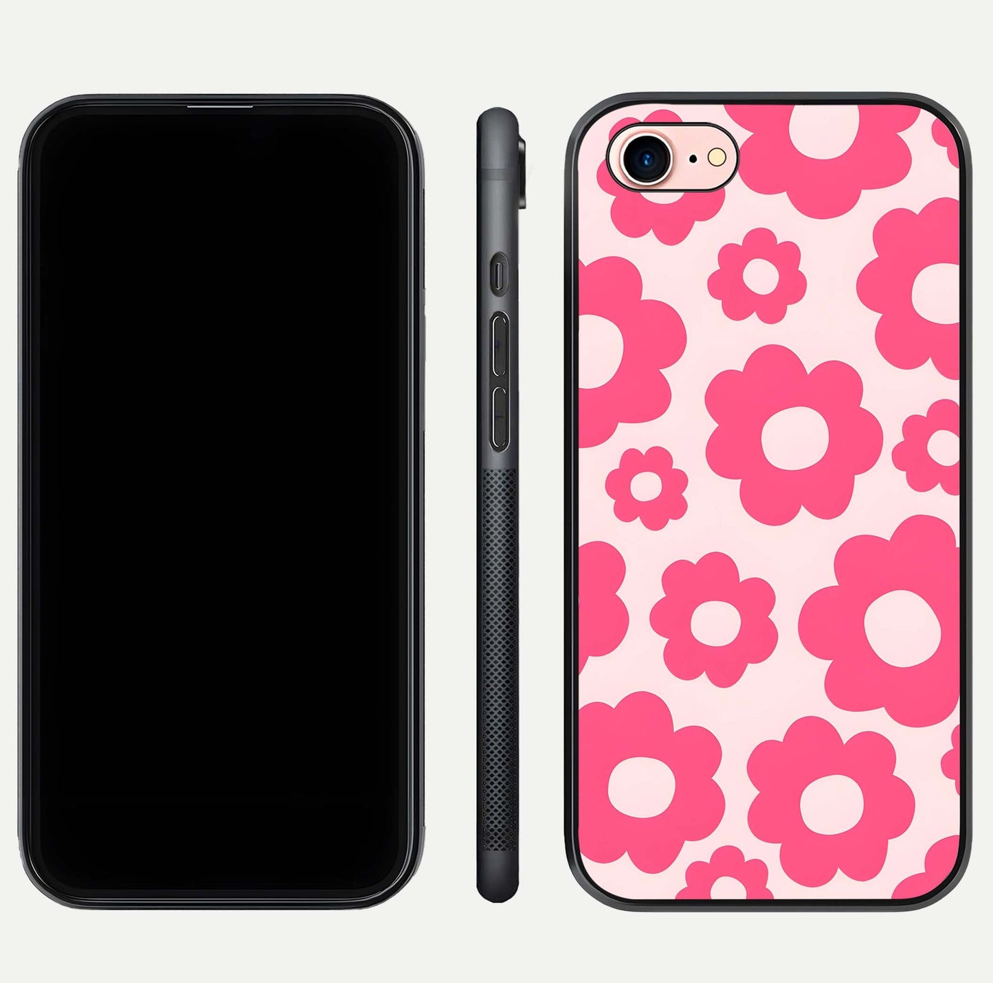 Blush Flower Pop iPhone 8 glass phone case front and side layout view showing slim profile and full floral coverage