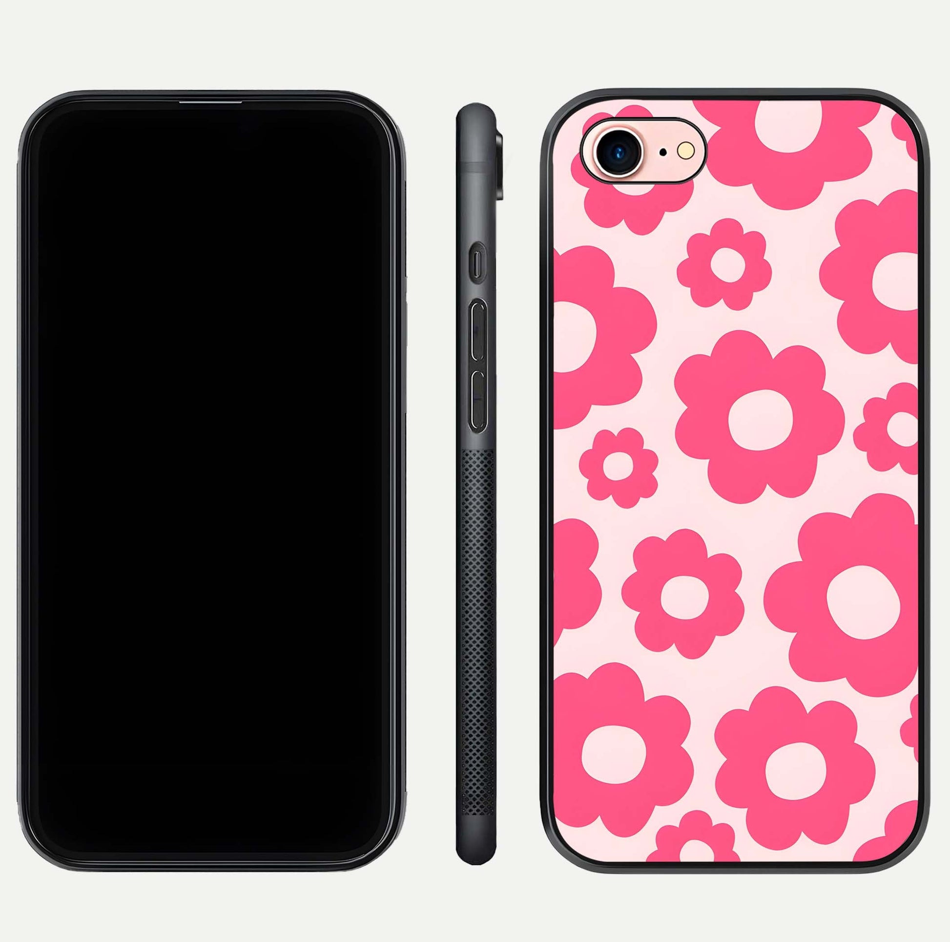 Blush Flower Pop iPhone 8 glass phone case front and side layout view showing slim profile and full floral coverage