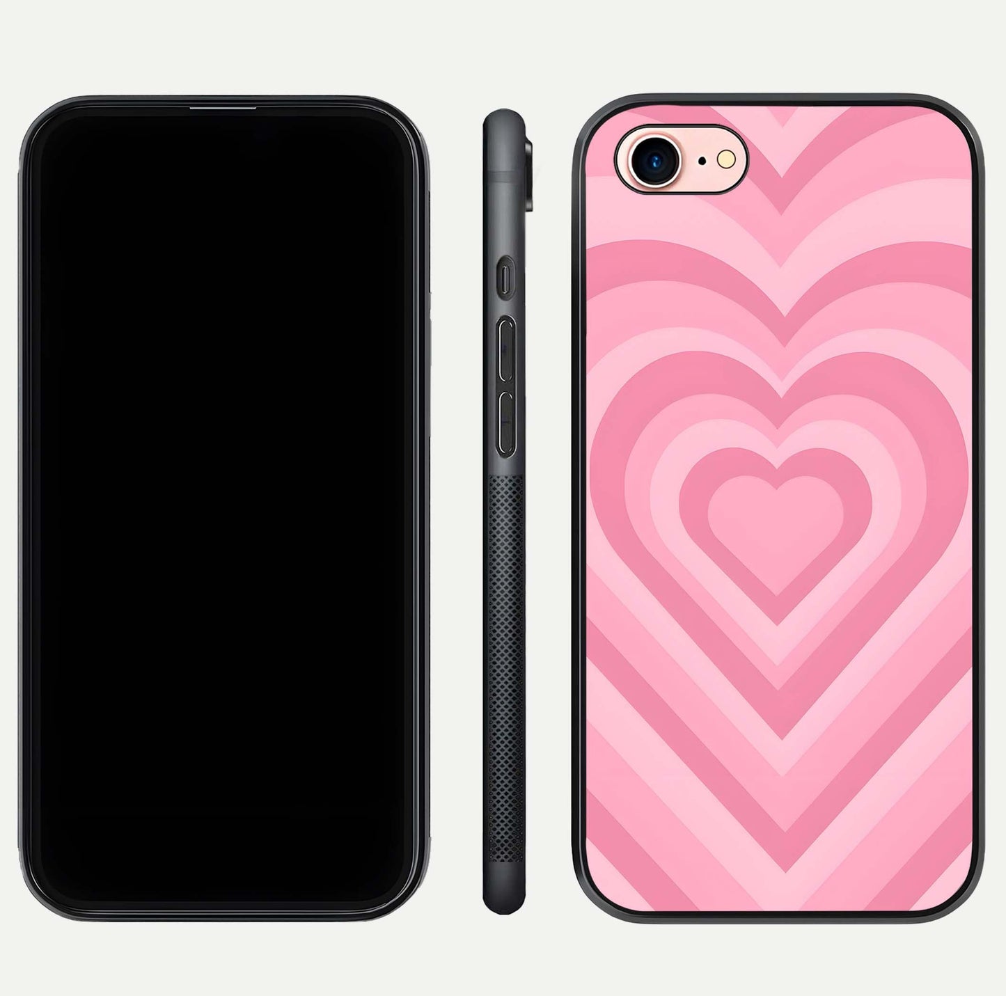 Blush Heart Waves iPhone 8 glass phone case front and side layout view displaying slim frame and full heart pattern