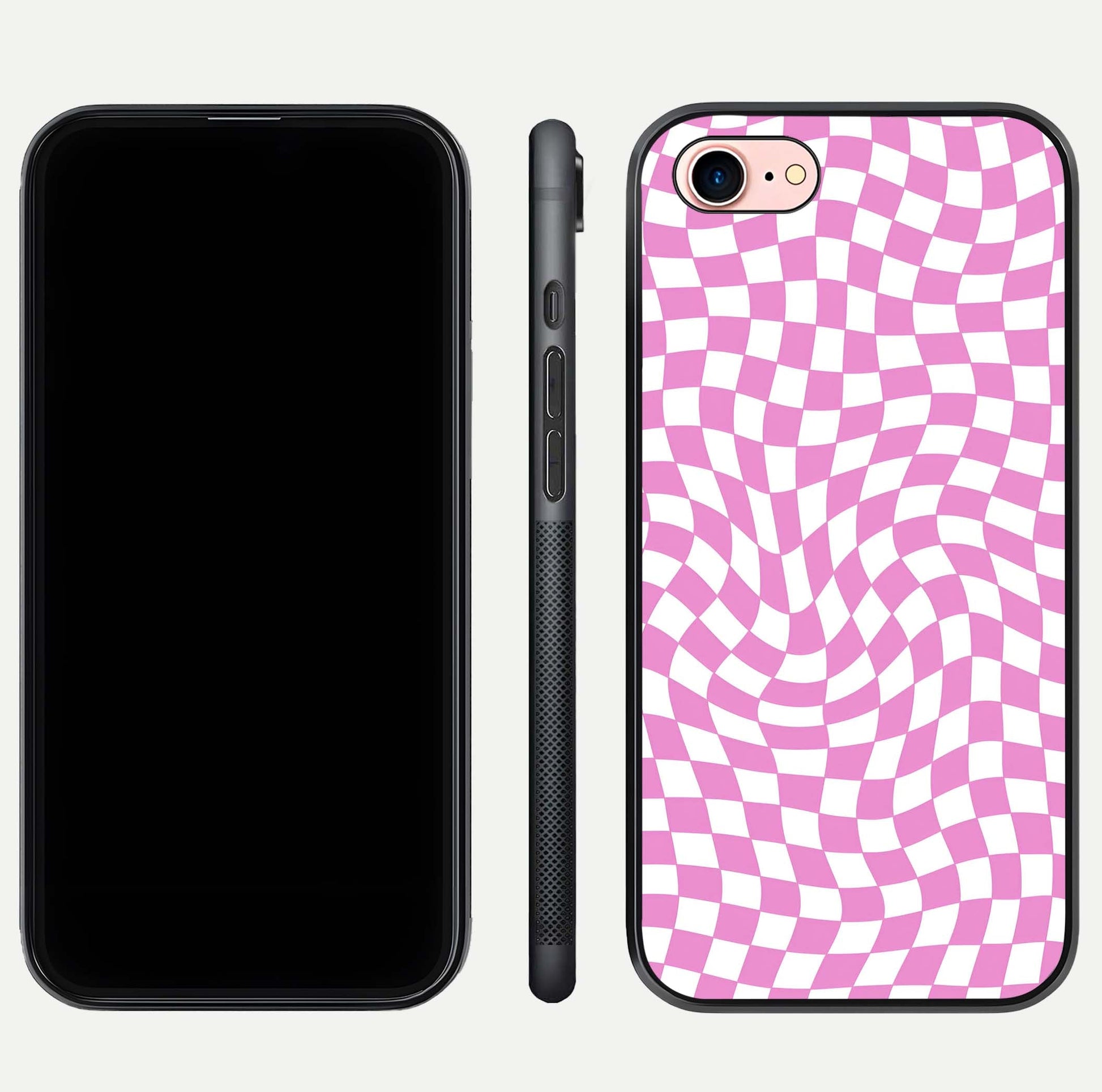 Bubblegum Check Wave iPhone 8 glass phone case front and side layout view displaying slim profile and full pattern coverage